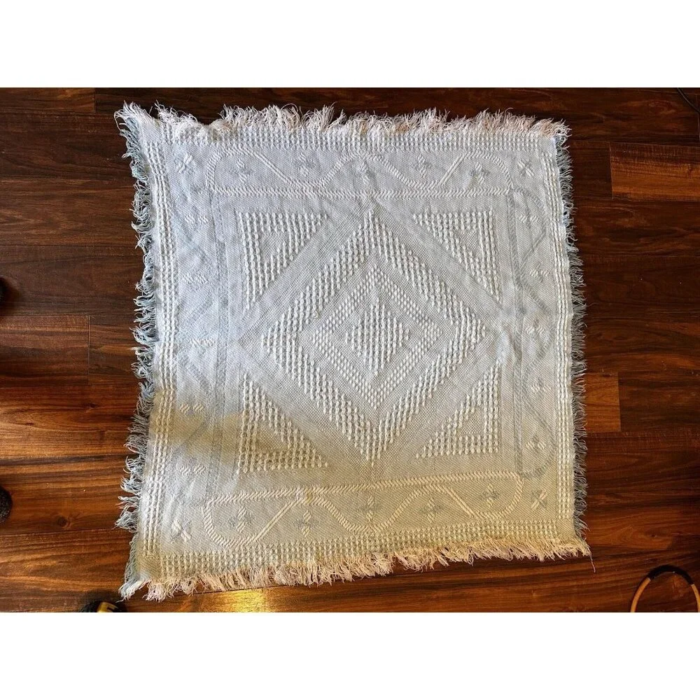 Vtg Baby Security Blanket Bumble Bee Design Blue White Fringed‎ Woven Acrylic